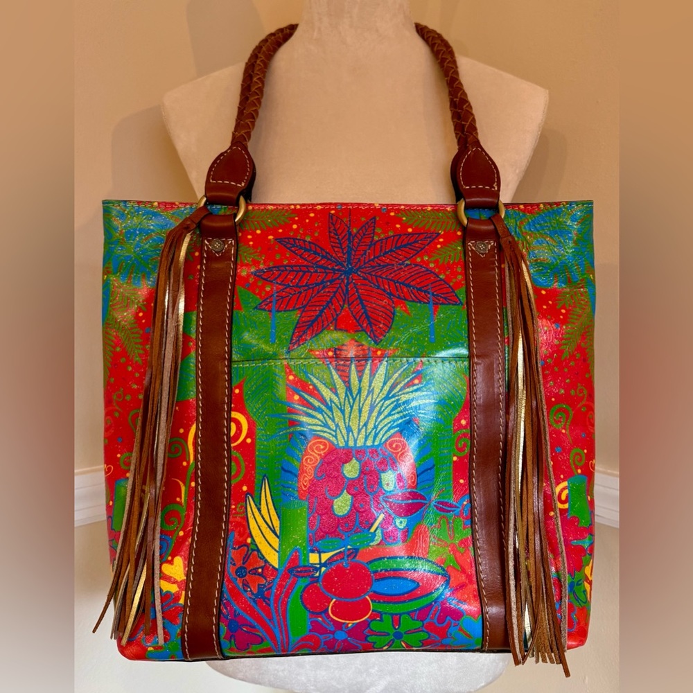 🌺 Patricia Nash Italian Leather Tote 🌴 Tropical Poster Print w/ Glitter Finish 🦜 - Picture 2 of 8